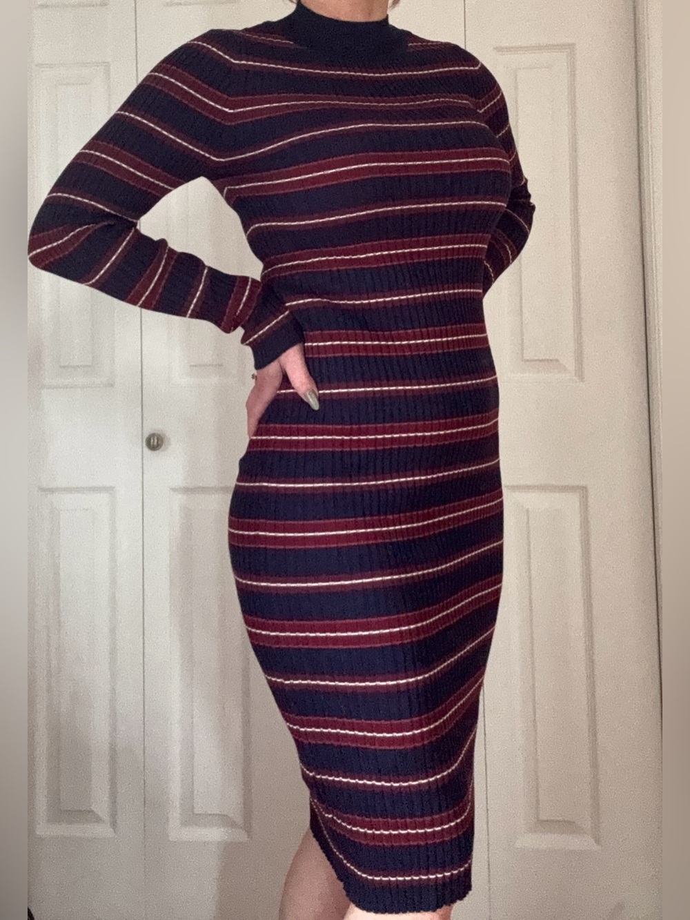 Pink Rose Striped Rib-Knit Midi Dress in Navy and Burgundy